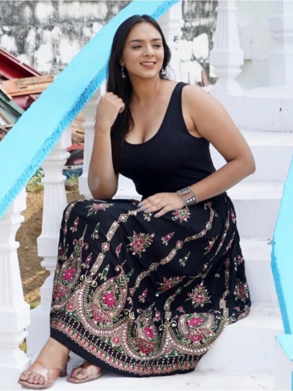 Boho Embroidered Black Floral Maxi Skirt